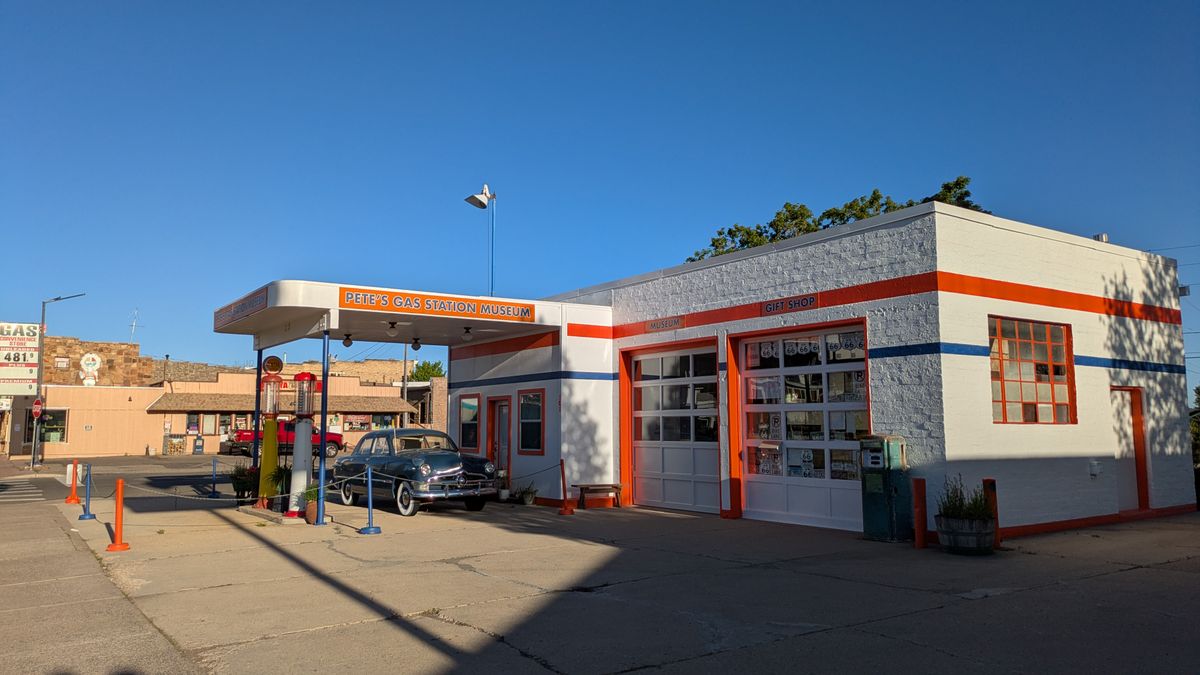 Restored vintage gas station with old pumps on Route 66 in Williams, Arizona