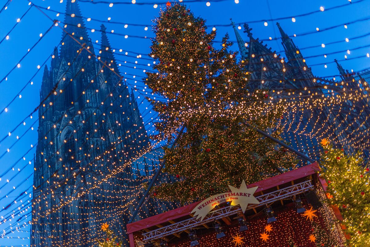 Strings of lights and a Christmas tree over the market stalls beside Cologne Cathedral