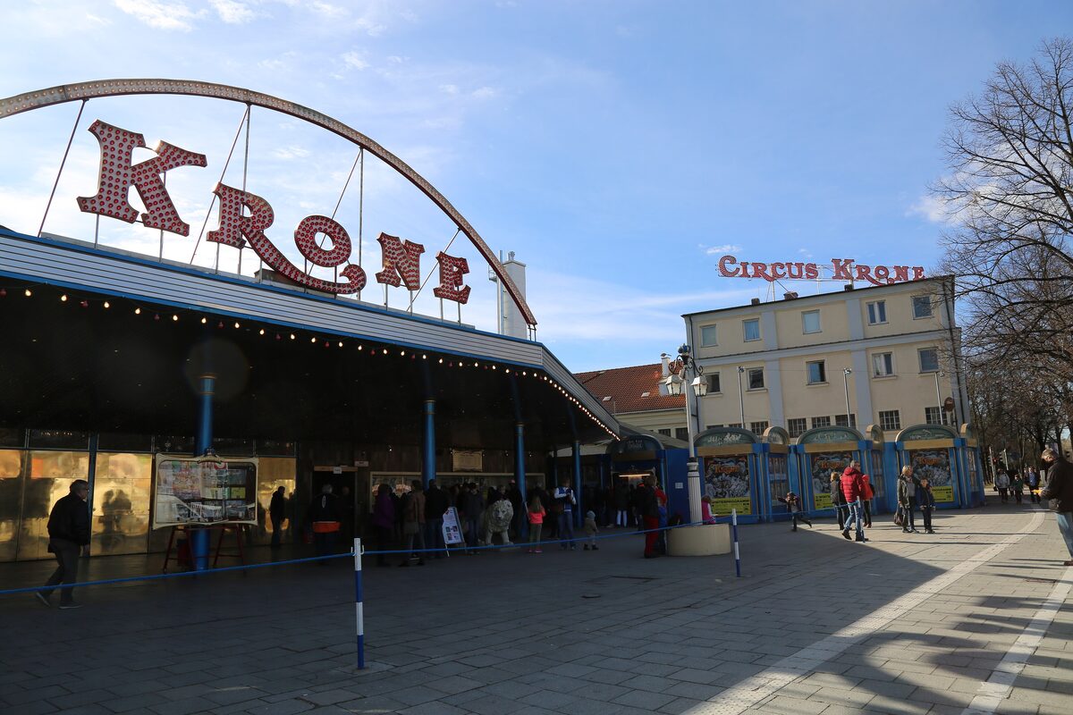 Entrance of the Circus Krone building (Kronebau) in Munich, with the big red KRONE sign over the foyer