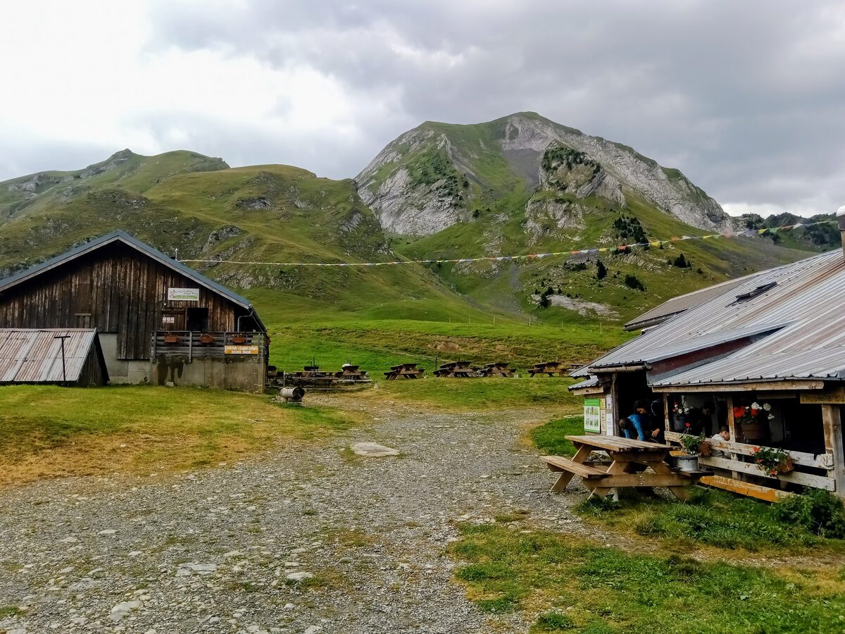 Mountain pasture with timber chalets at the Aulp de Marlens in Haute-Savoie
