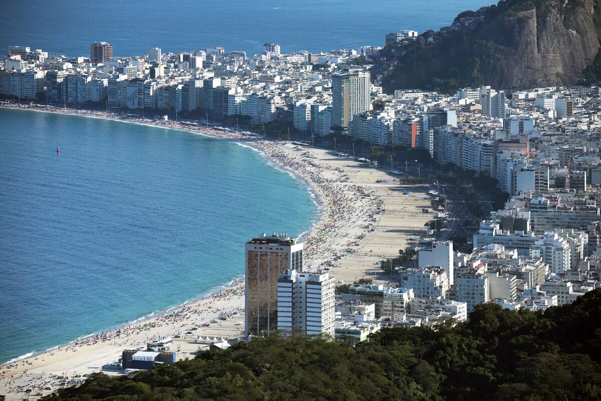 Copacabana beach and the apartment blocks behind it, seen from above in Rio de Janeiro