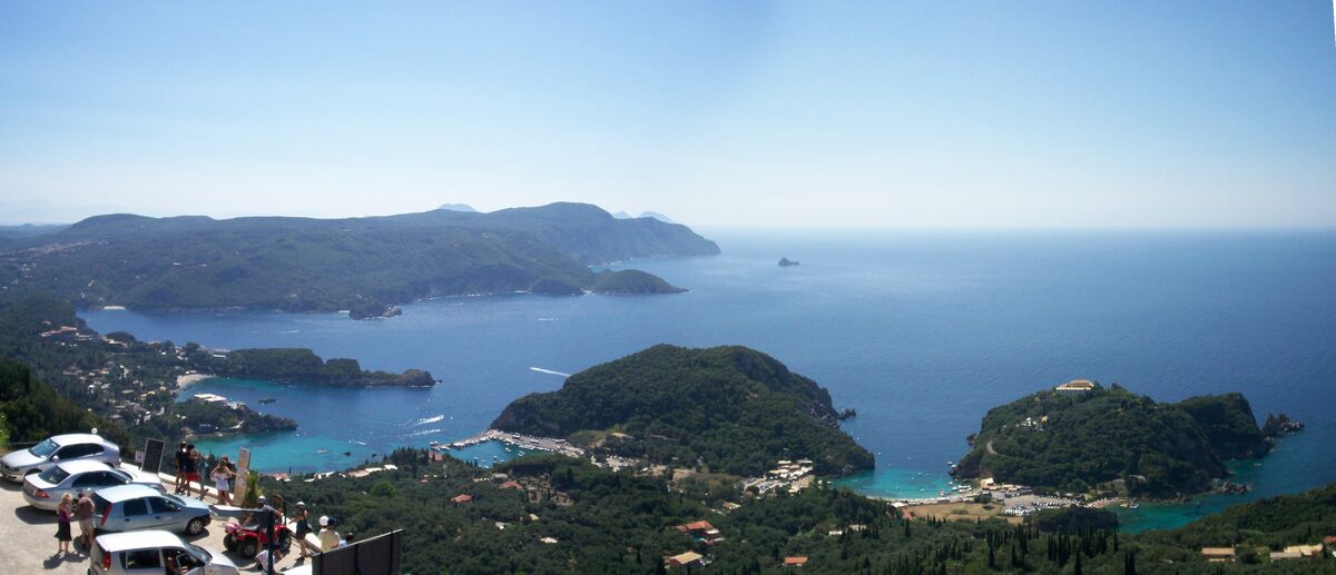 The green headlands and small turquoise coves of Paleokastritsa on the west coast of Corfu, seen from Bella Vista