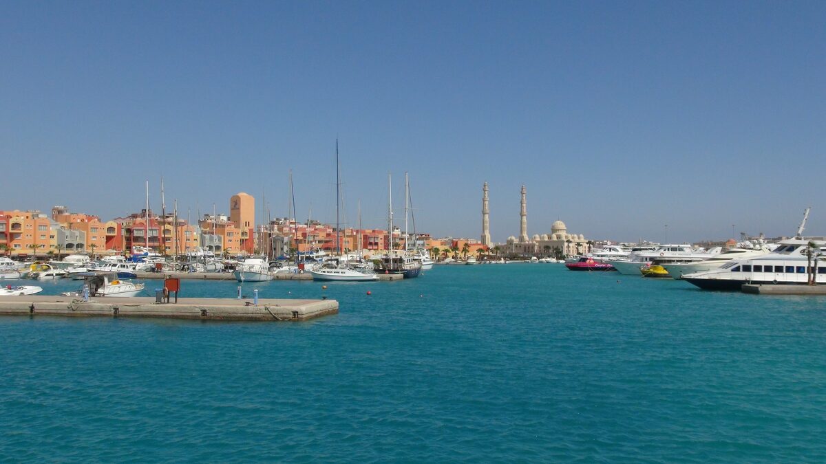 The Red Sea coast at Hurghada with the marina and resort hotels along the shore