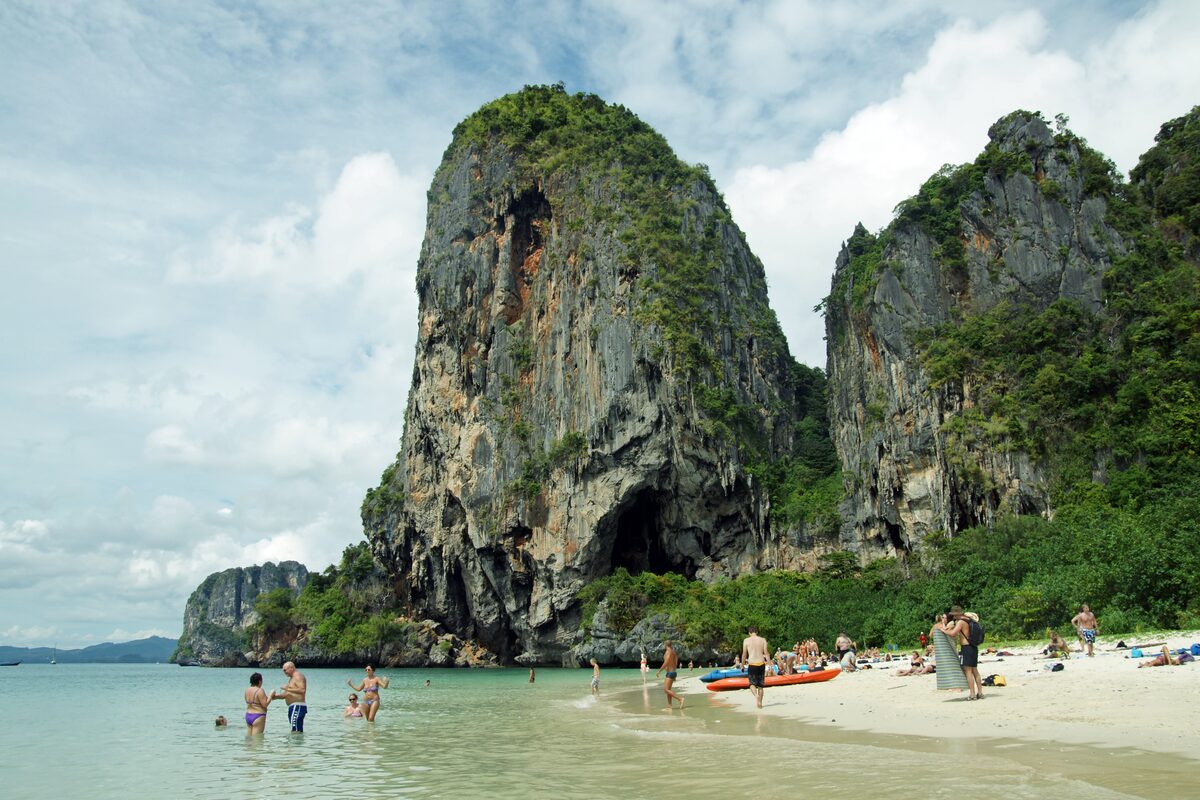 Limestone cliffs with the Phra Nang cave above the beach at Railay, Krabi