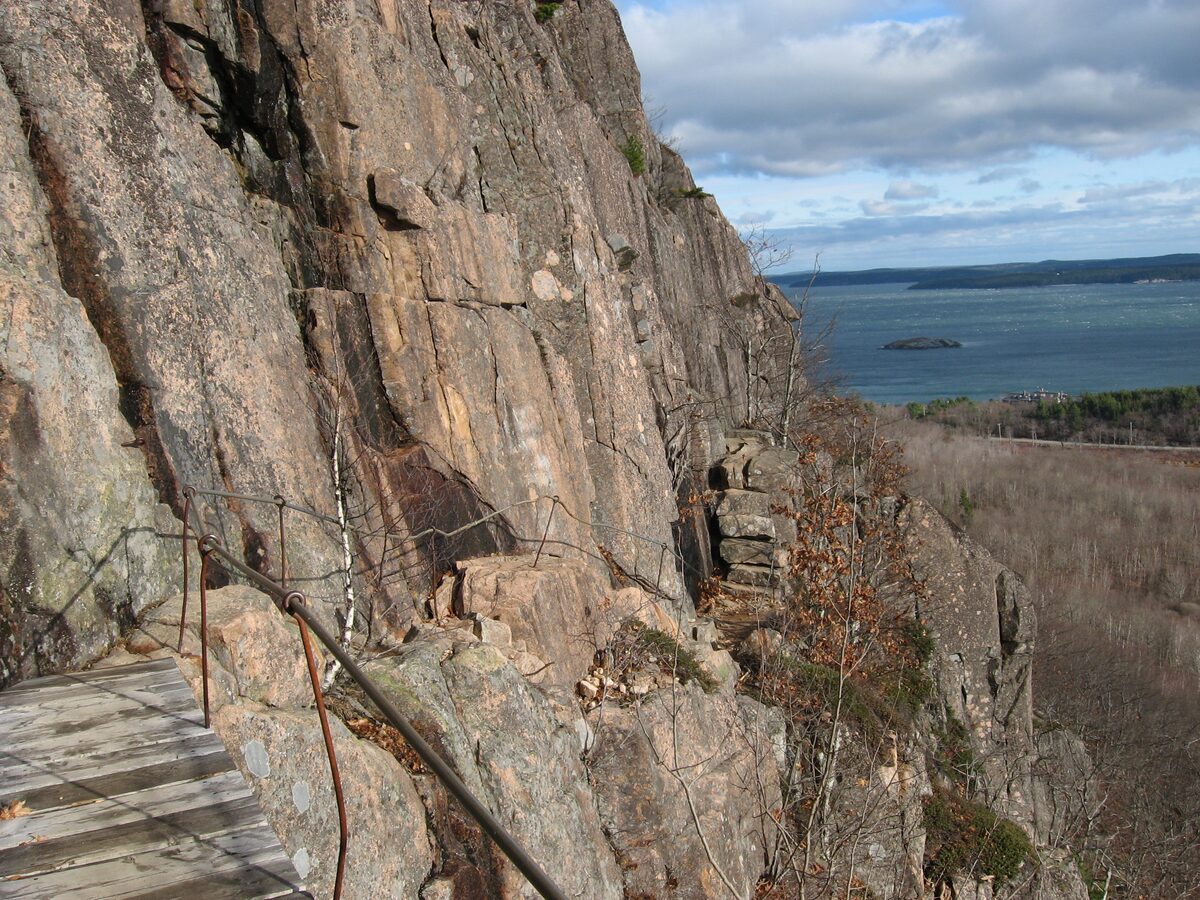 A ledge path with railings along the Precipice Trail cliff