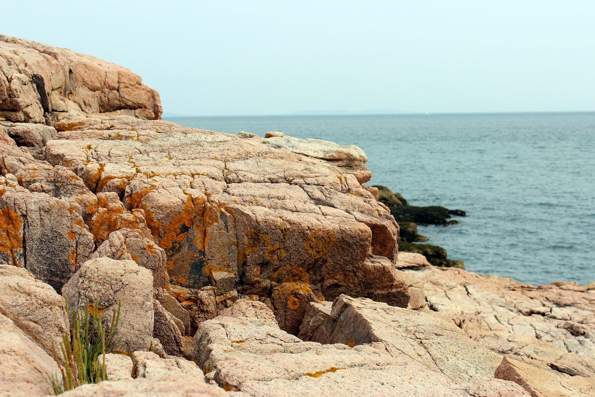 Orange-lichened granite ledges at Ship Harbor above calm blue sea