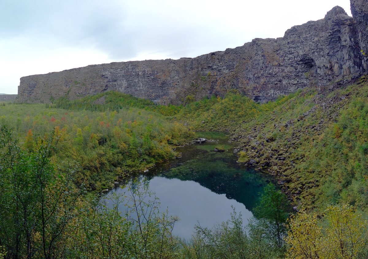 The head of Ásbyrgi canyon, with the Botnstjörn pond among birch scrub under a long sheer basalt cliff