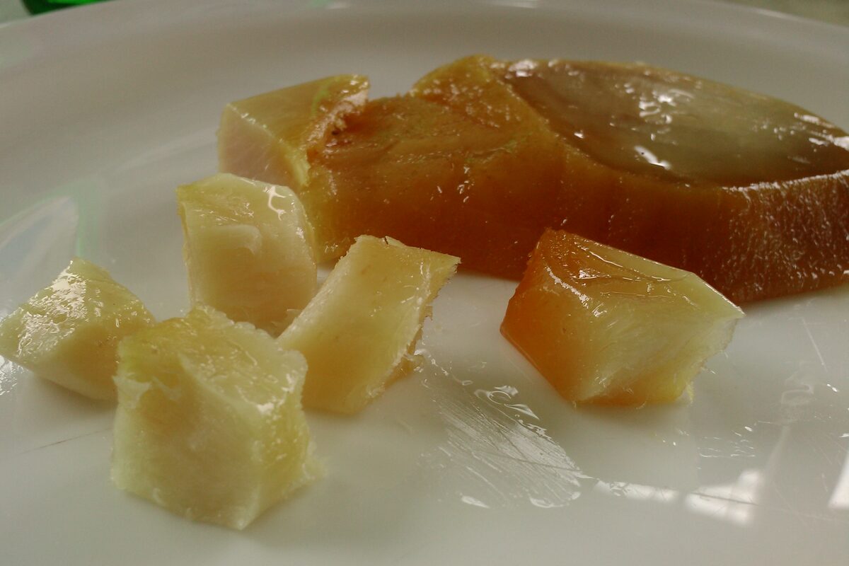 Cubes and a slice of hákarl, the fermented Greenland shark, pale cream and amber, on a white plate