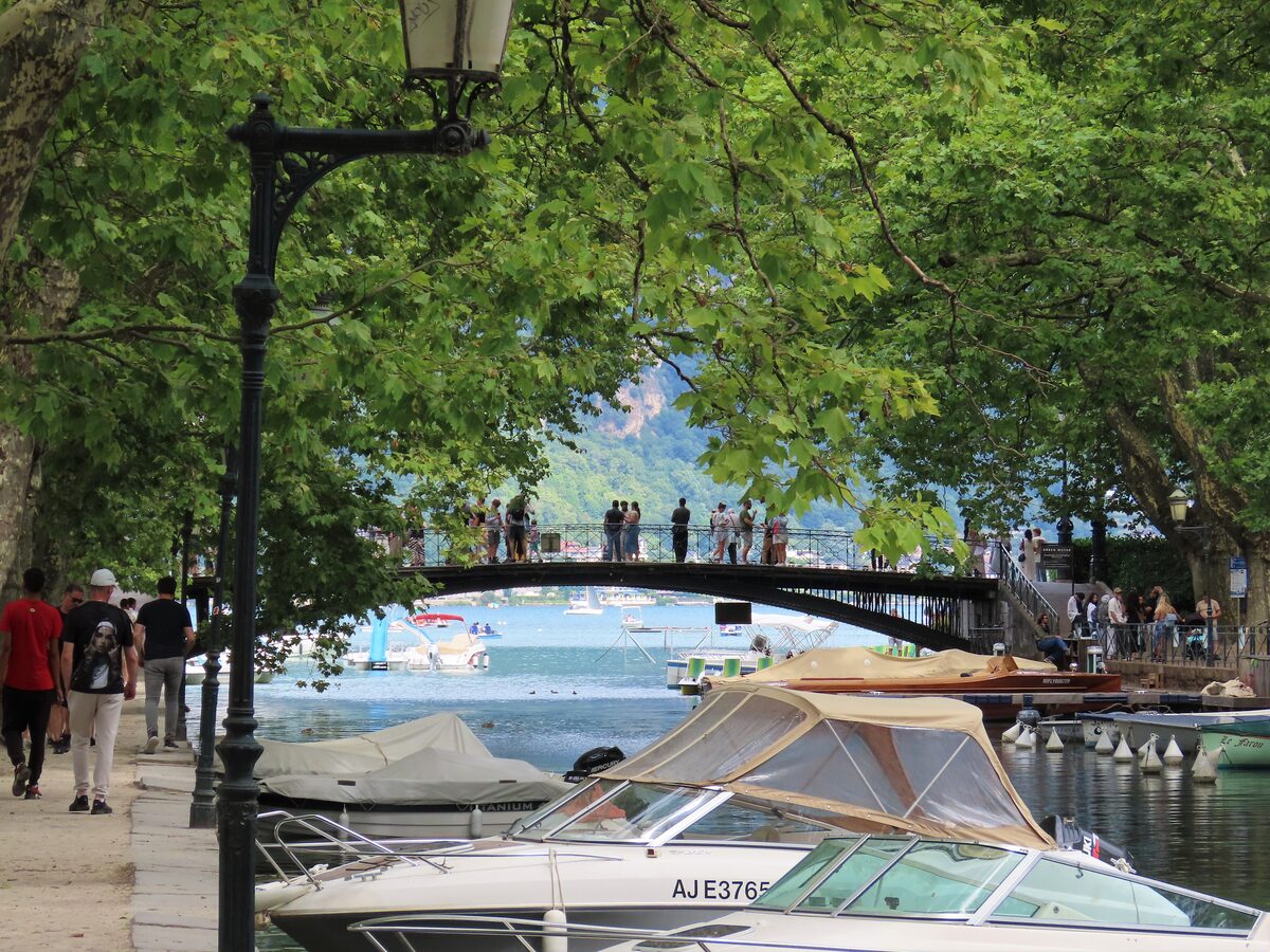 Trees and a street lamp above moored boats, with people crossing the Pont des Amours footbridge over the water