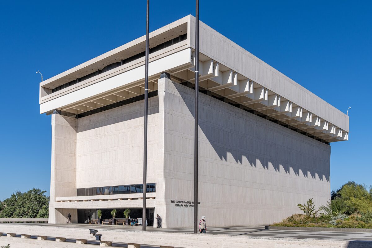 The Lyndon Baines Johnson Library and Museum, a large travertine block building on the University of Texas campus