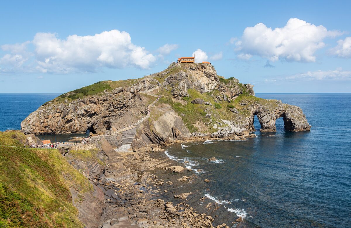 The rocky islet of Gaztelugatxe with its small hermitage on top, above the sea
