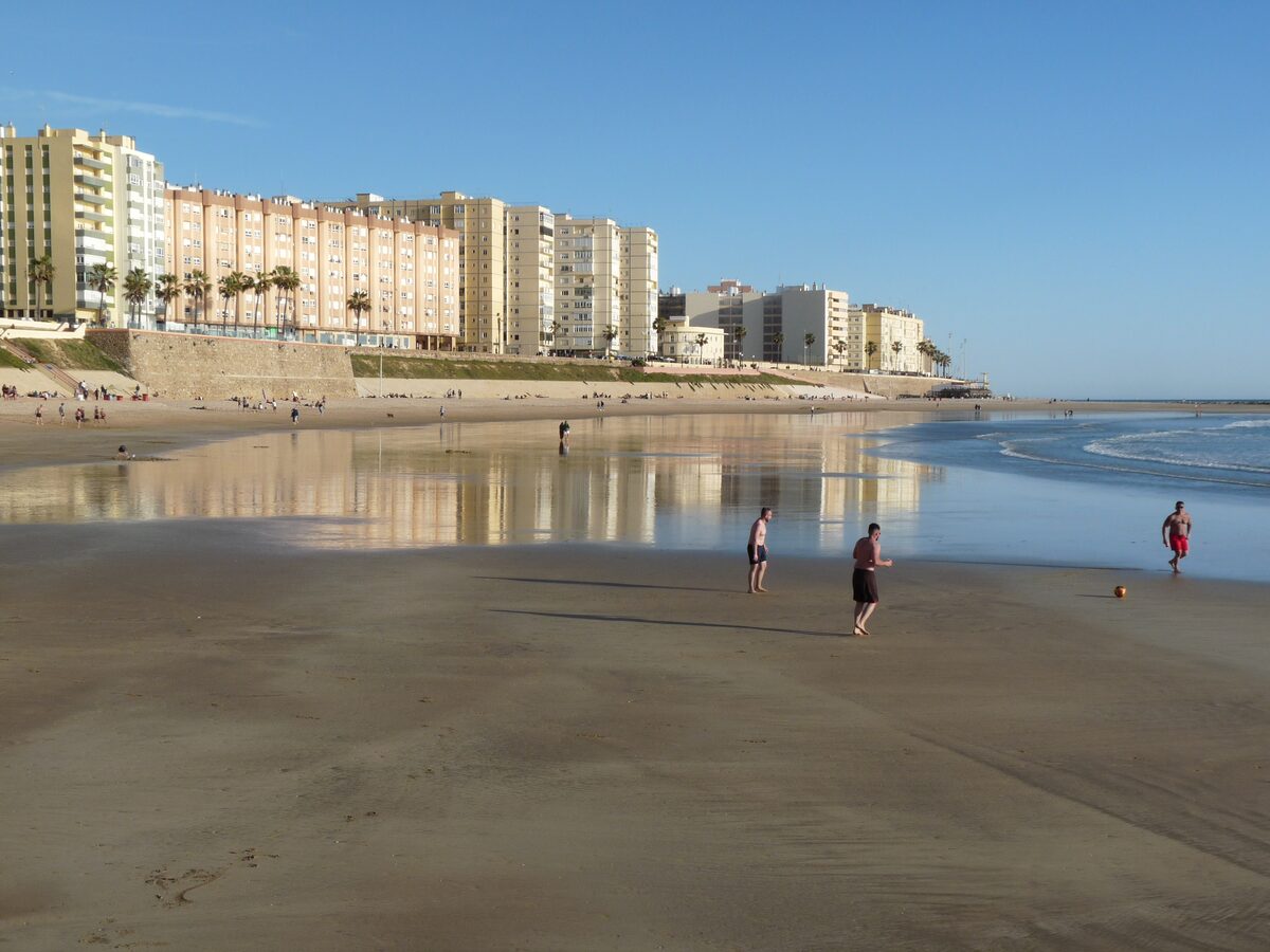 A long sandy beach with apartment blocks along the seafront