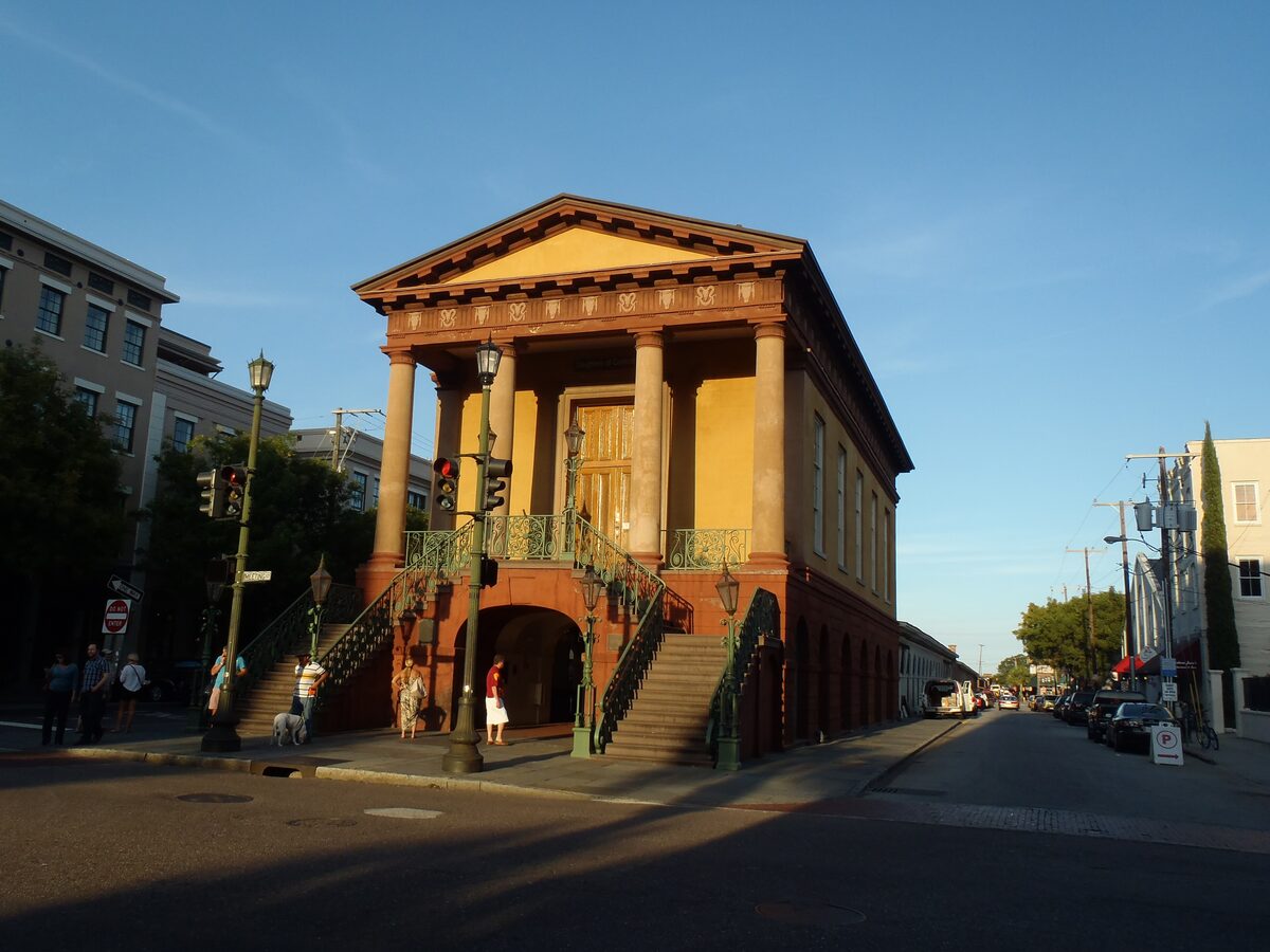 Columned Market Hall with twin staircases at the end of Meeting Street