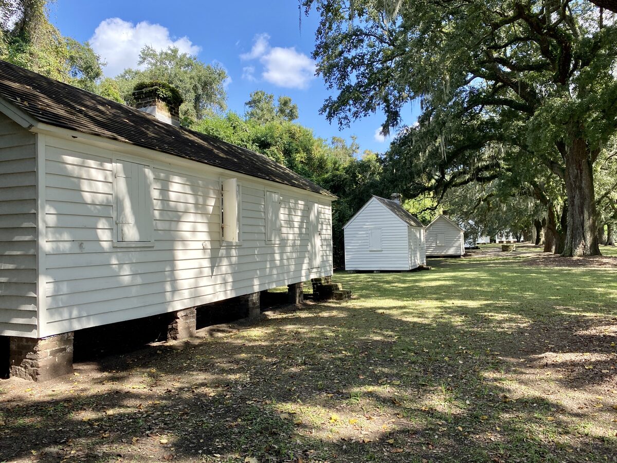 Whitewashed enslaved cabins on Transition Row beneath live oaks at McLeod