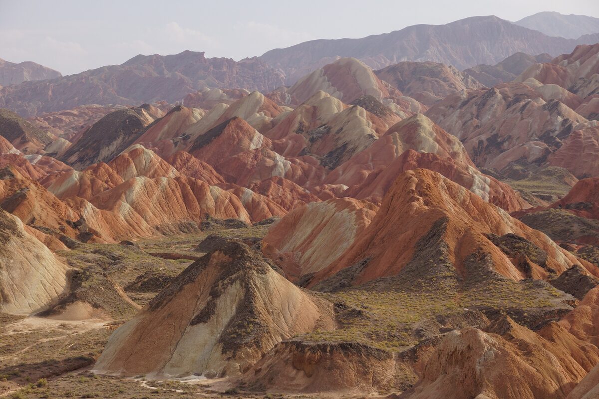 Red, orange and cream striped sandstone ridges of the Zhangye Danxia landform