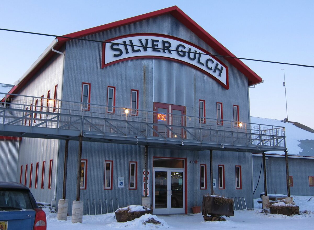 The corrugated-steel Silver Gulch brewery in Fox with snow on the ground