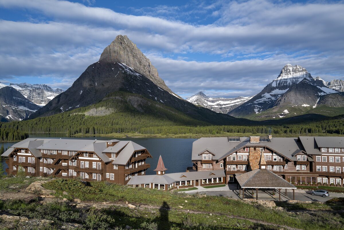 Many Glacier Hotel on Swiftcurrent Lake below Grinnell Point