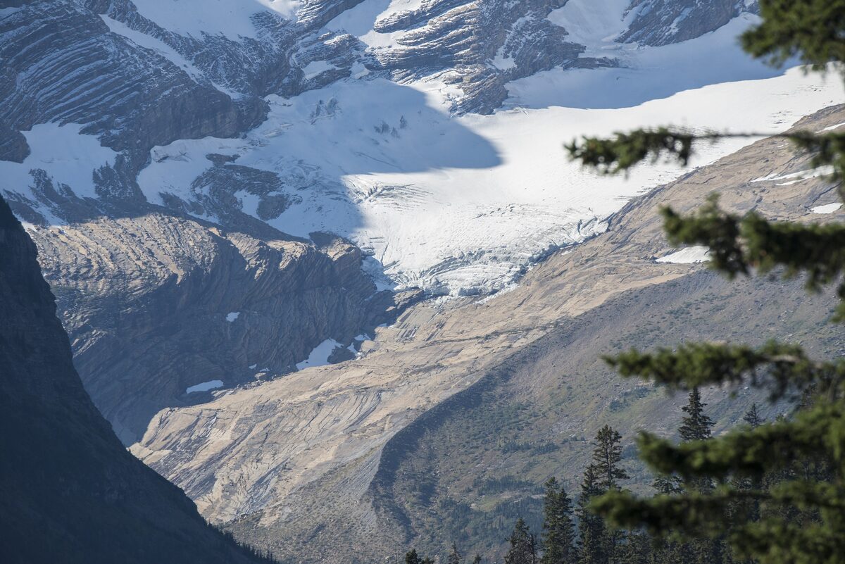 Jackson Glacier on a distant mountainside, seen from its overlook