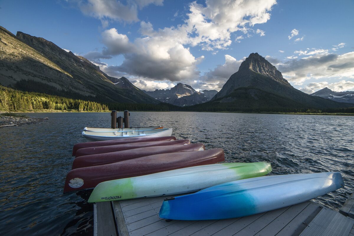 Rental boats at the Swiftcurrent Lake dock in Many Glacier