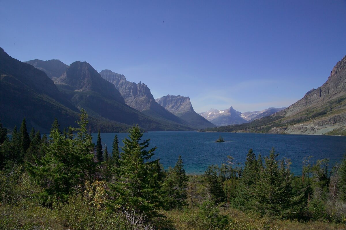 Wild Goose Island in St. Mary Lake framed by pines
