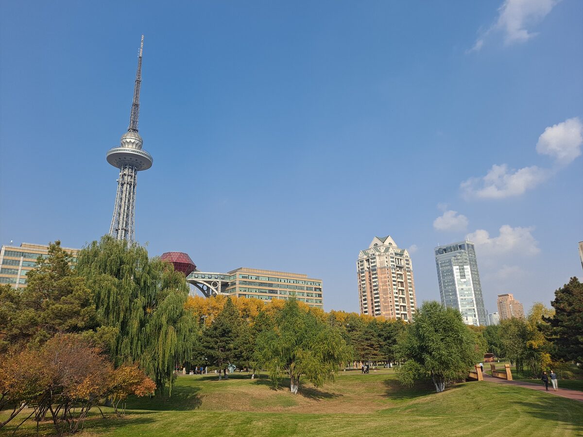 The Dragon Tower's slender mast and observation pod above the autumn trees of Xiangjiang Park