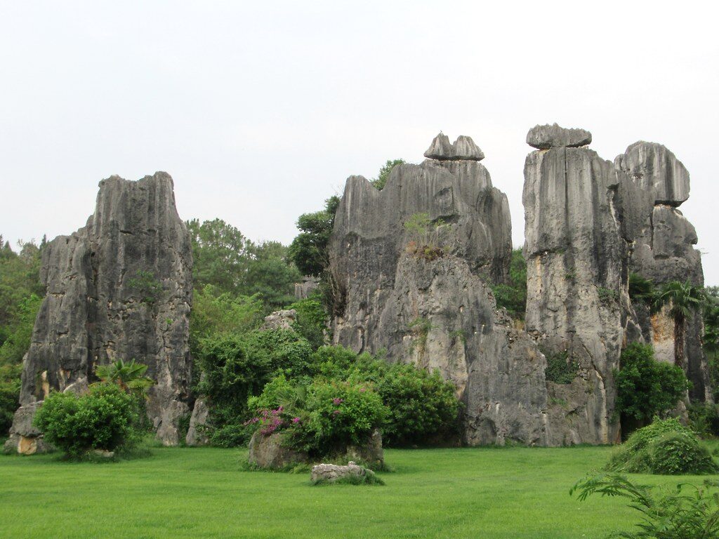 Gray limestone pillars among shrubs on a green lawn in the Minor Stone Forest