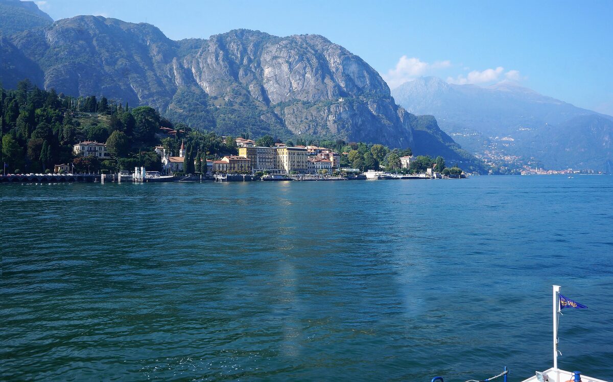 The lakefront of Cadenabbia with its old hotels, seen from a boat