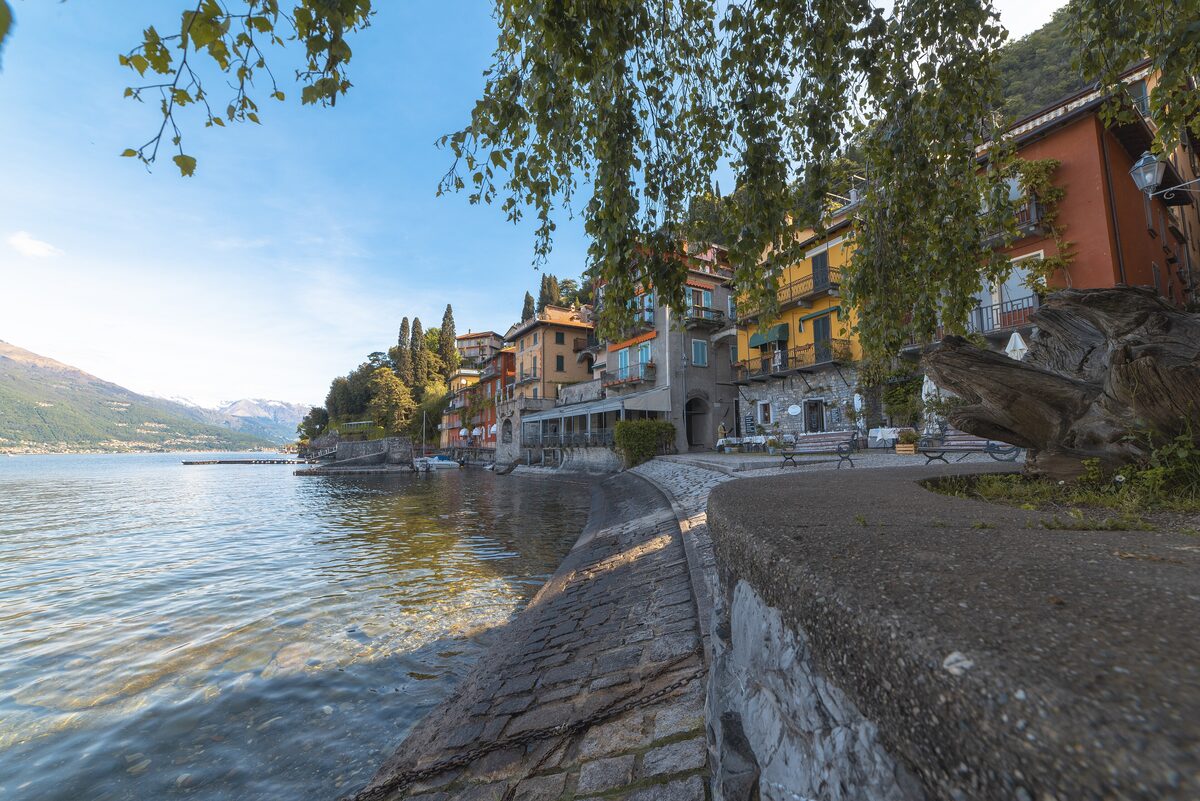 The stone lakeside walkway in Varenna, with colorful houses along the water