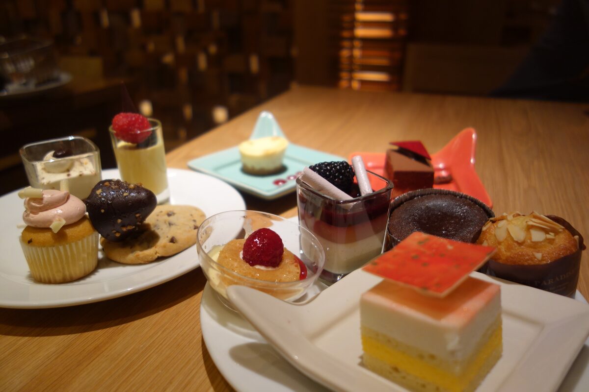 A plate of small cakes, mousses and a cupcake from a Las Vegas casino buffet dessert bar