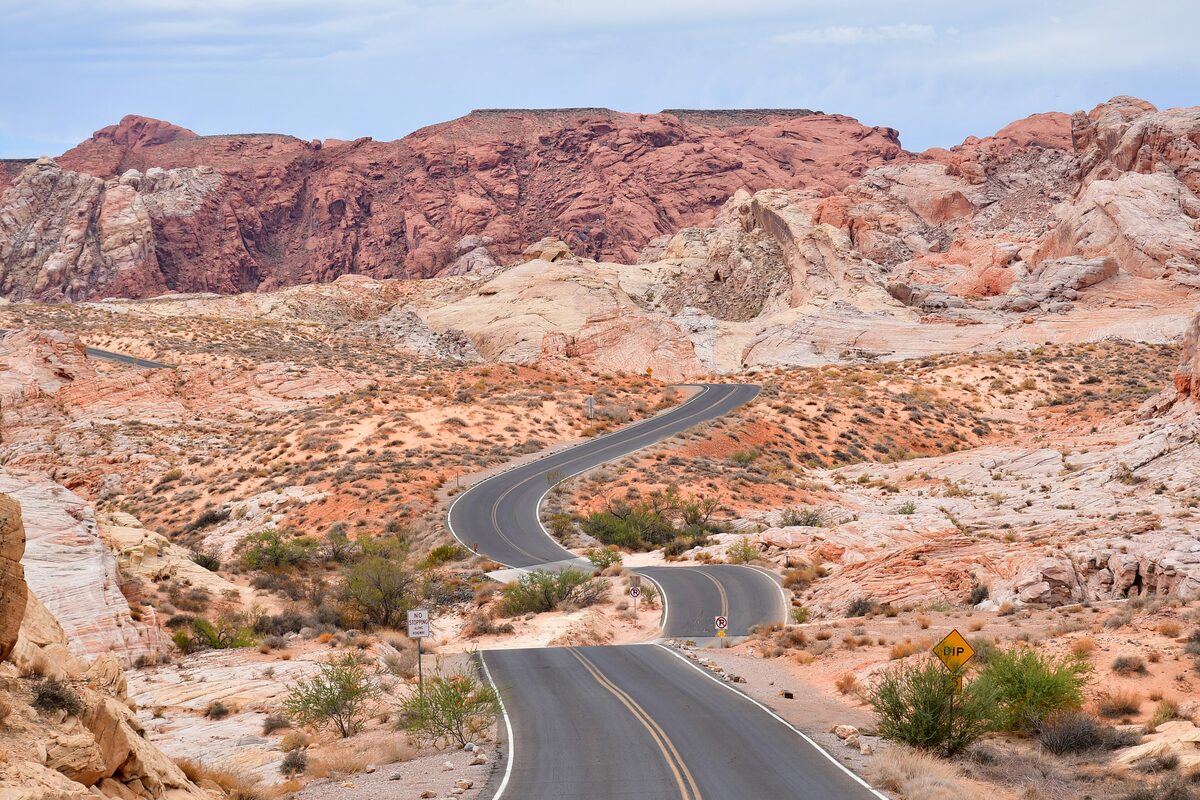 A road winding through the red and white sandstone hills of Valley of Fire State Park