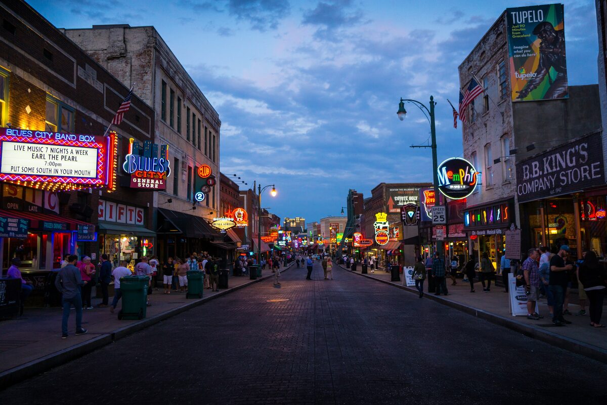 Beale Street at dusk, with neon signs and the B.B. King's sign