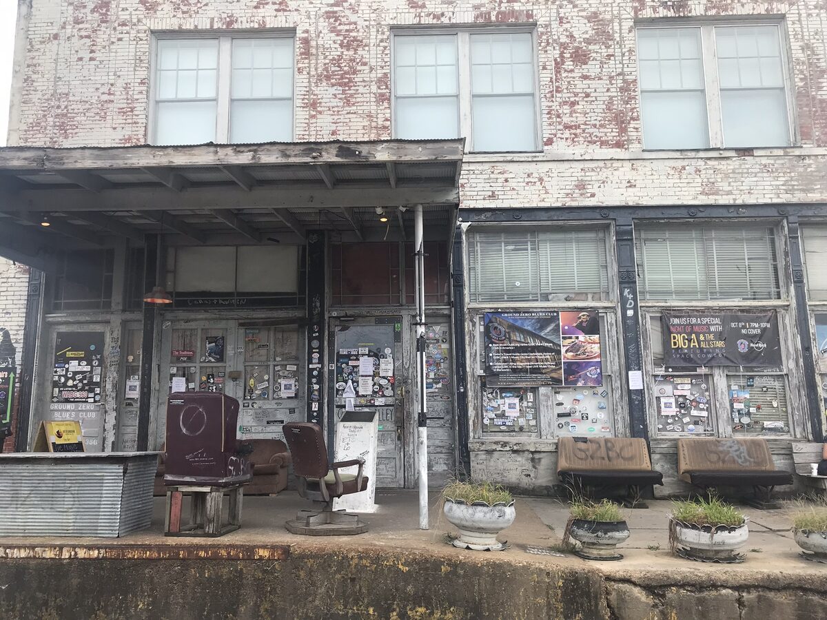 The weathered front of Ground Zero Blues Club in Clarksdale