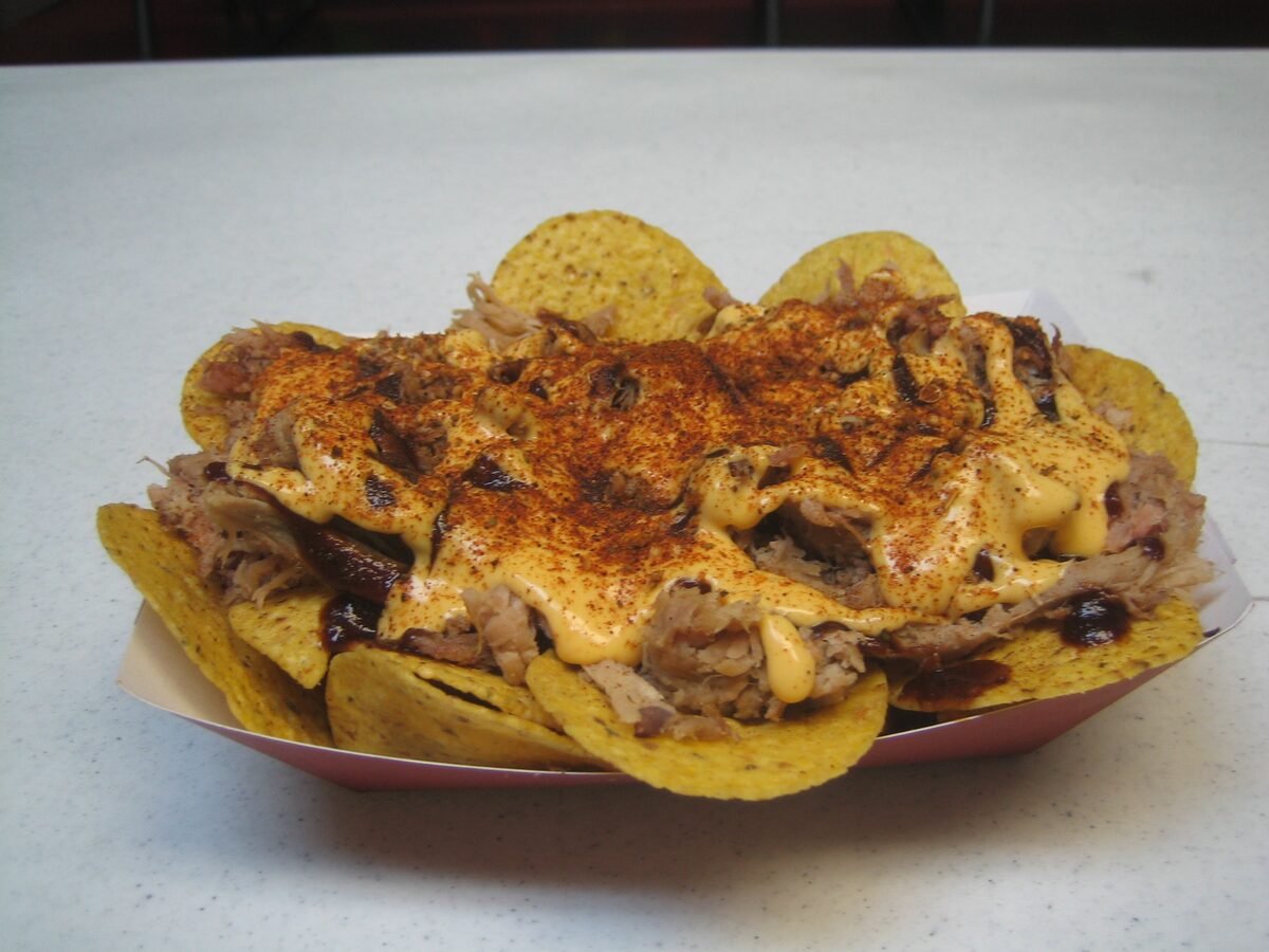 Barbecue nachos topped with pulled pork and melted cheese