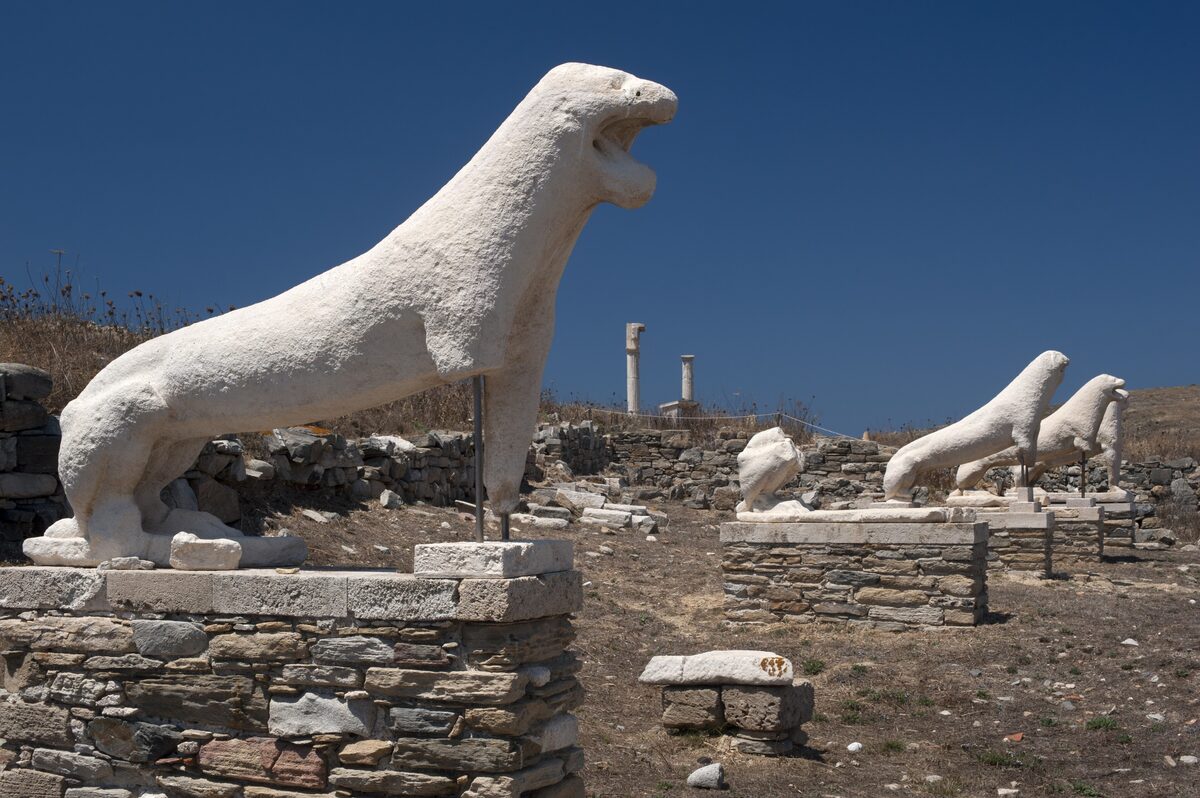 The marble lions of the Terrace of the Lions on Delos, with their fallen base stones in the foreground