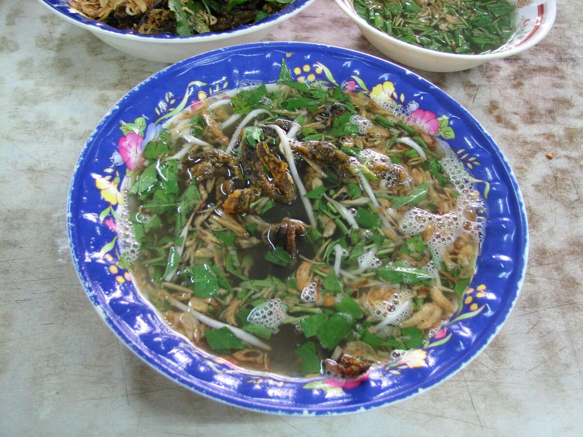 A blue floral bowl of mien luon eel vermicelli, with herbs and fried eel