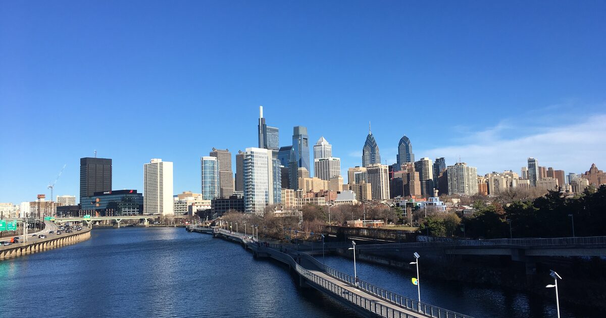 Center City's skyline above the Schuylkill River on a clear winter day
