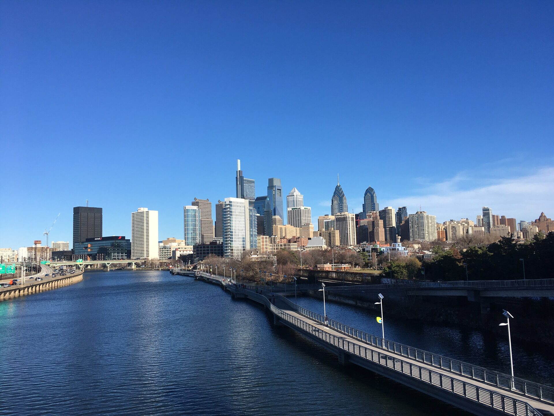 Center City's skyline above the Schuylkill River on a clear winter day