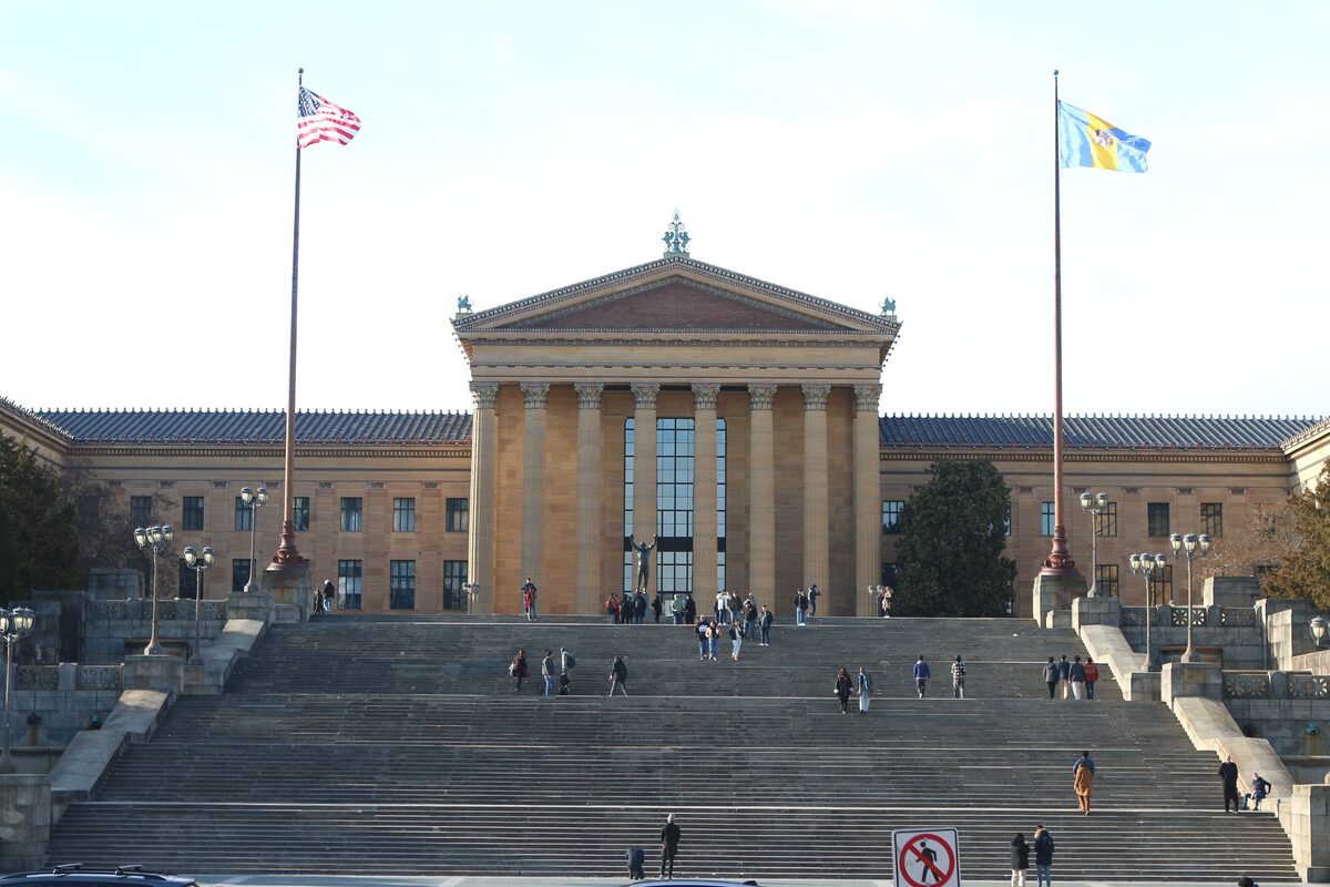 The columned Philadelphia Museum of Art above the wide Rocky Steps