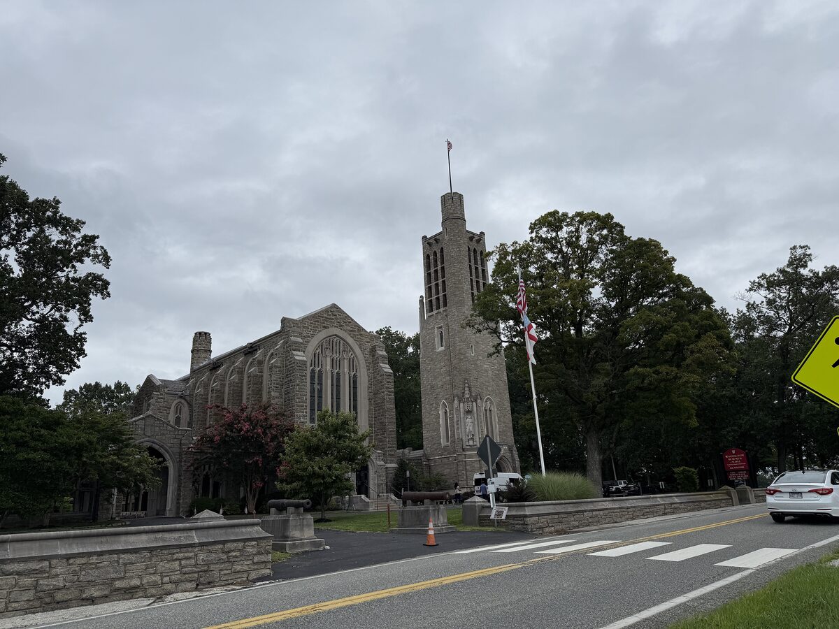 The stone Washington Memorial Chapel and bell tower at Valley Forge