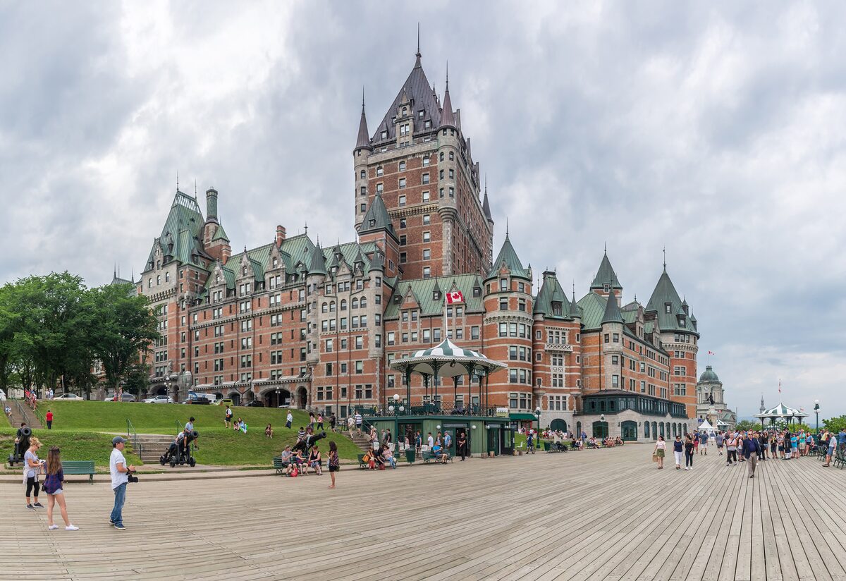 The Château Frontenac seen across the wooden boardwalk of Dufferin Terrace