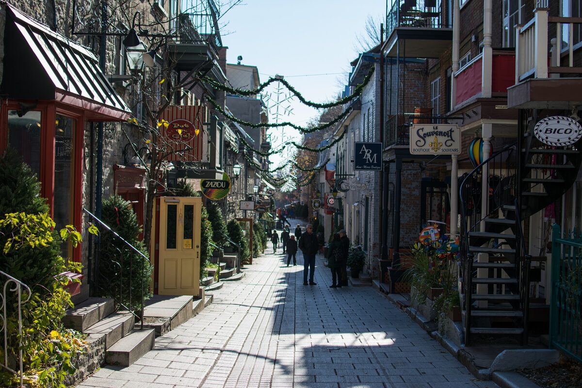 Rue du Petit-Champlain, a narrow pedestrian street of small shops with outdoor spiral staircases