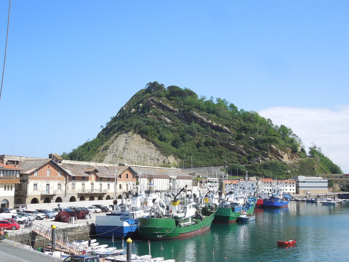 Getaria harbor with fishing boats along the quay and the wooded Mount San Antón rising behind the old town