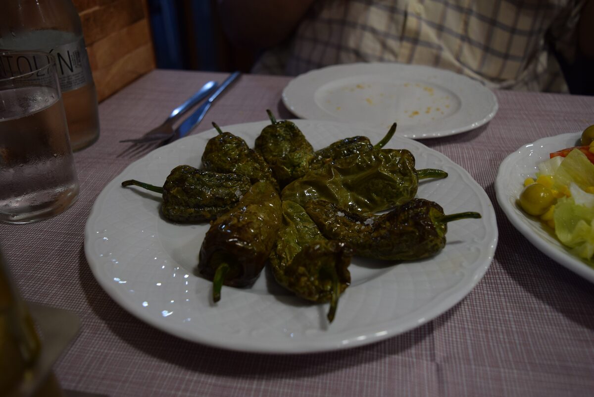 A plate of small green Padrón peppers, blistered and darkened in the frying