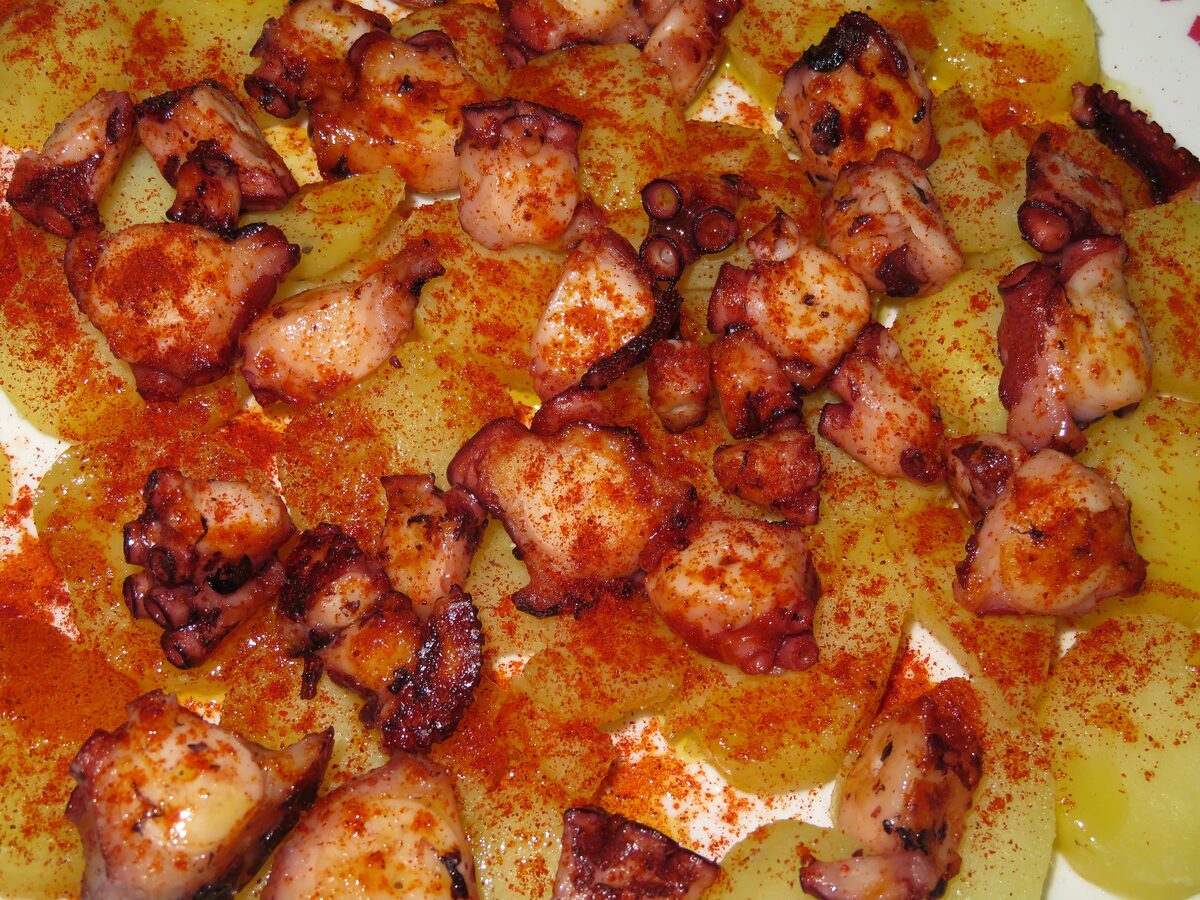 Octopus pieces dusted with paprika and olive oil over sliced potatoes, the classic pulpo a feira