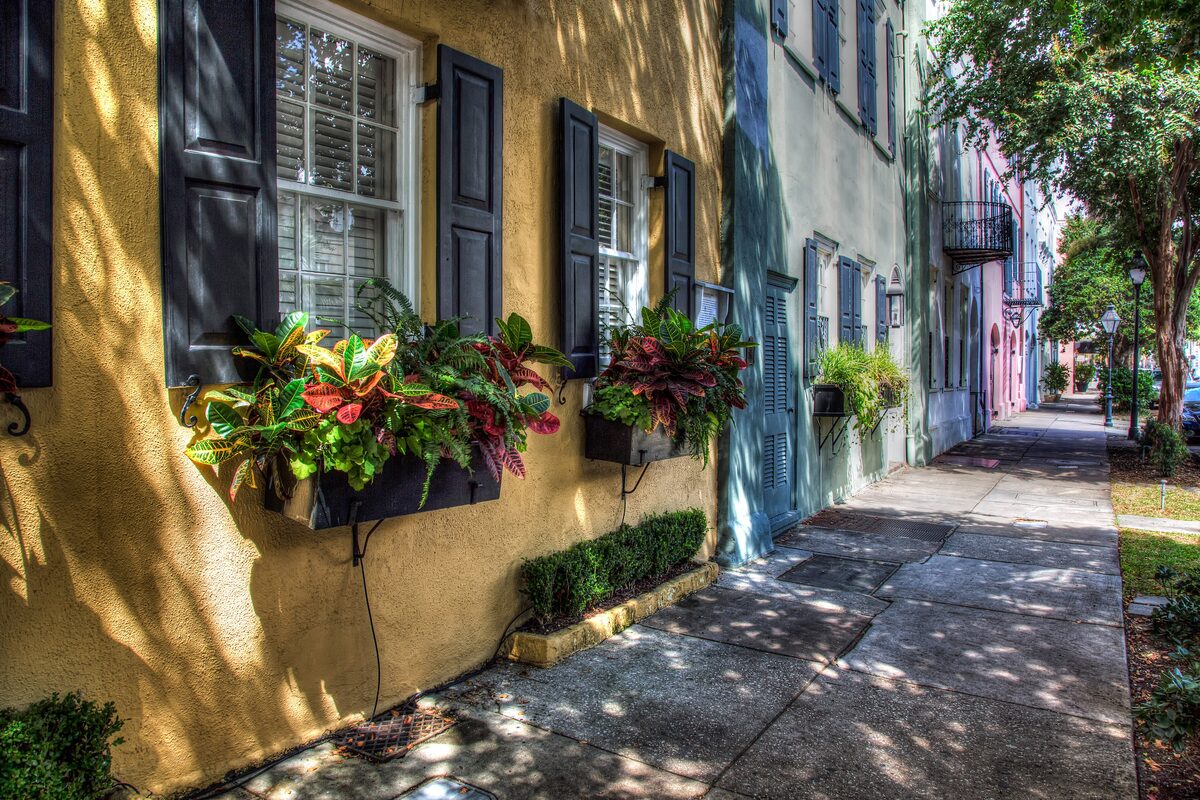 Rainbow Row's pastel houses and flower boxes in Charleston