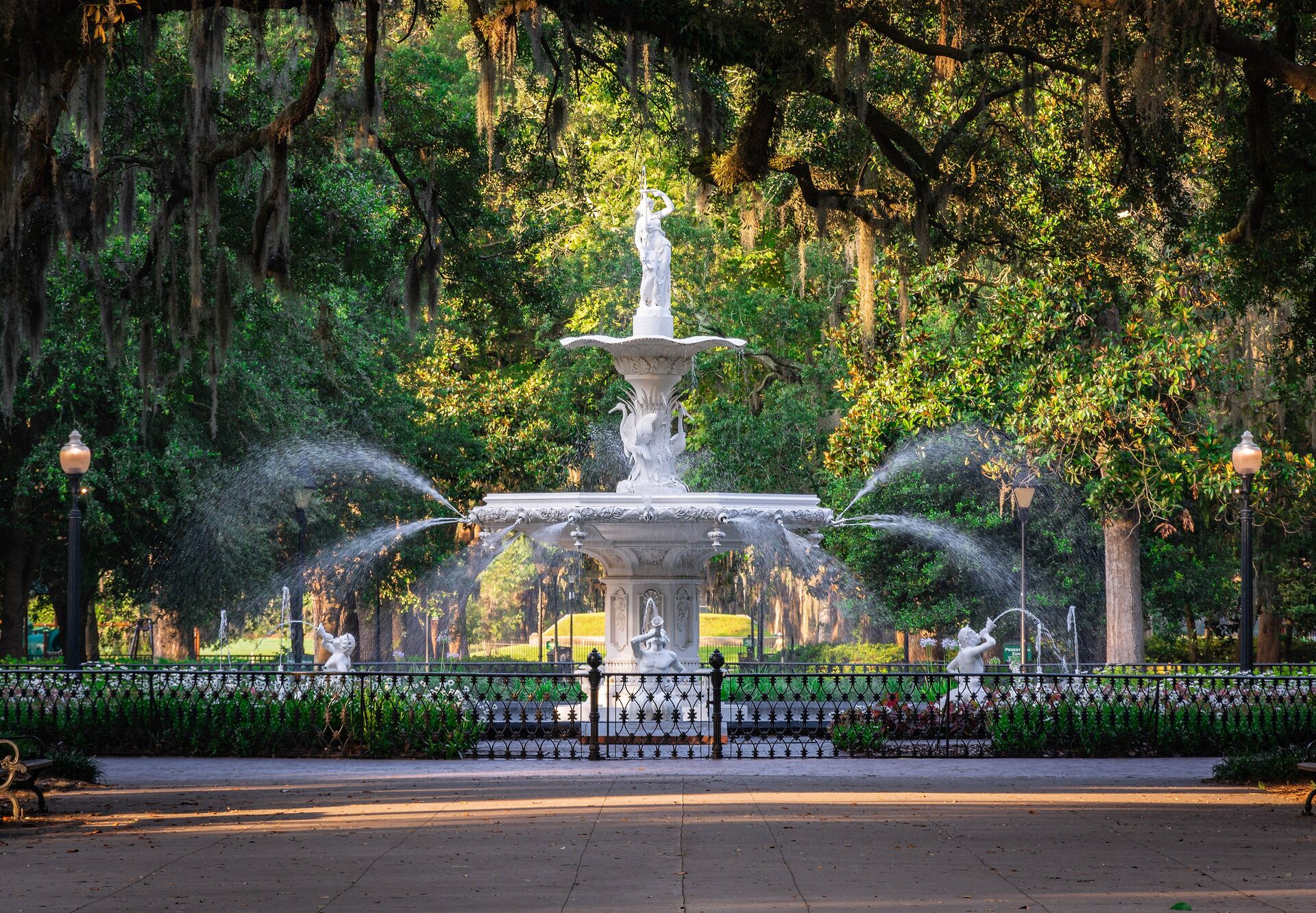 Forsyth Park fountain framed by live oaks and Spanish moss