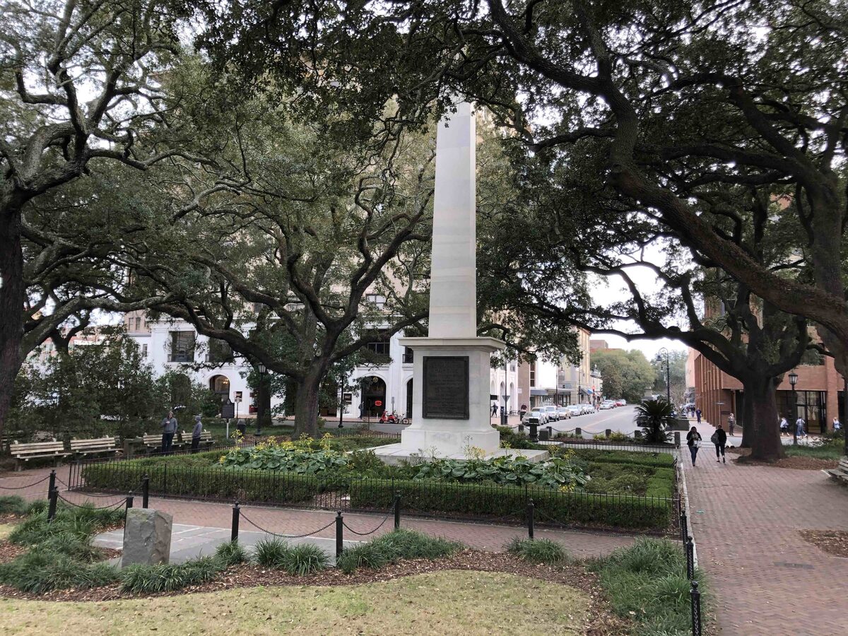 Nathanael Greene obelisk in Johnson Square under live oaks