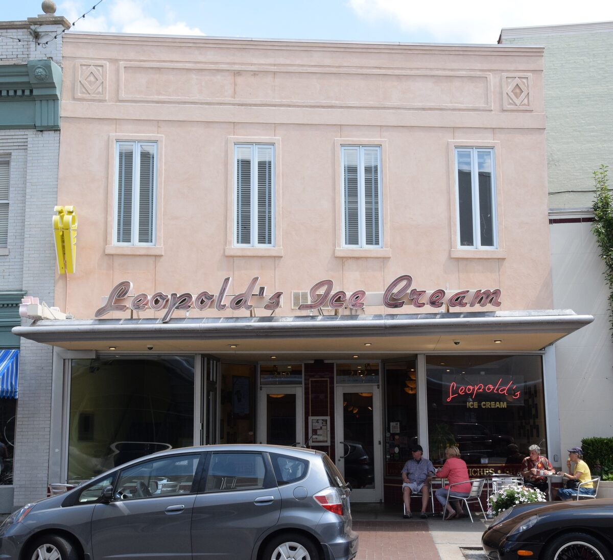 Leopold's Ice Cream storefront with its retro sign and awning