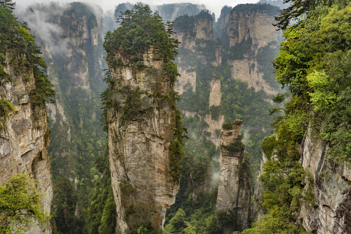A single tall, forest-topped sandstone pillar standing between cliffs, with mist in the valley behind it