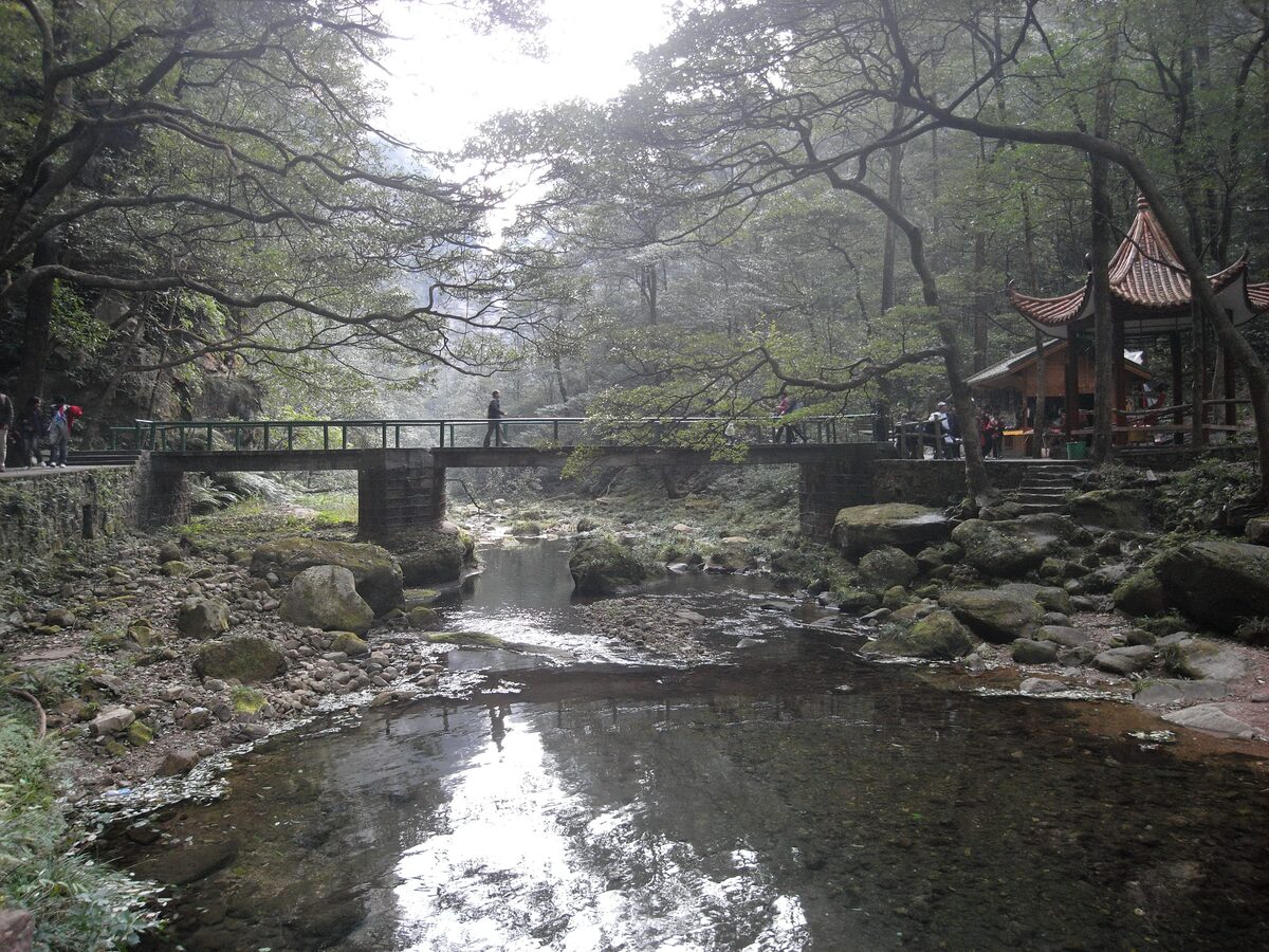 A clear shallow stream with a small bridge and a pavilion among trees along the Golden Whip Stream path